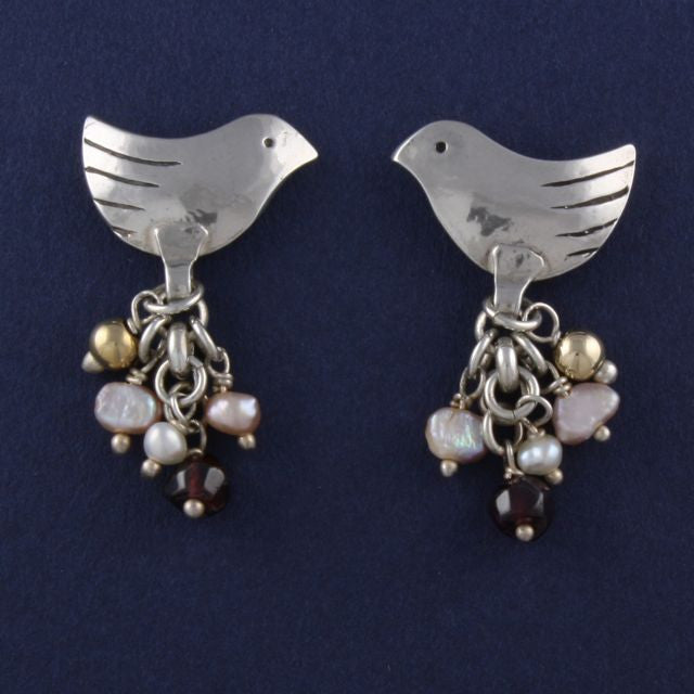 bird stud earrings with garnet and pearl - Portobello Lane